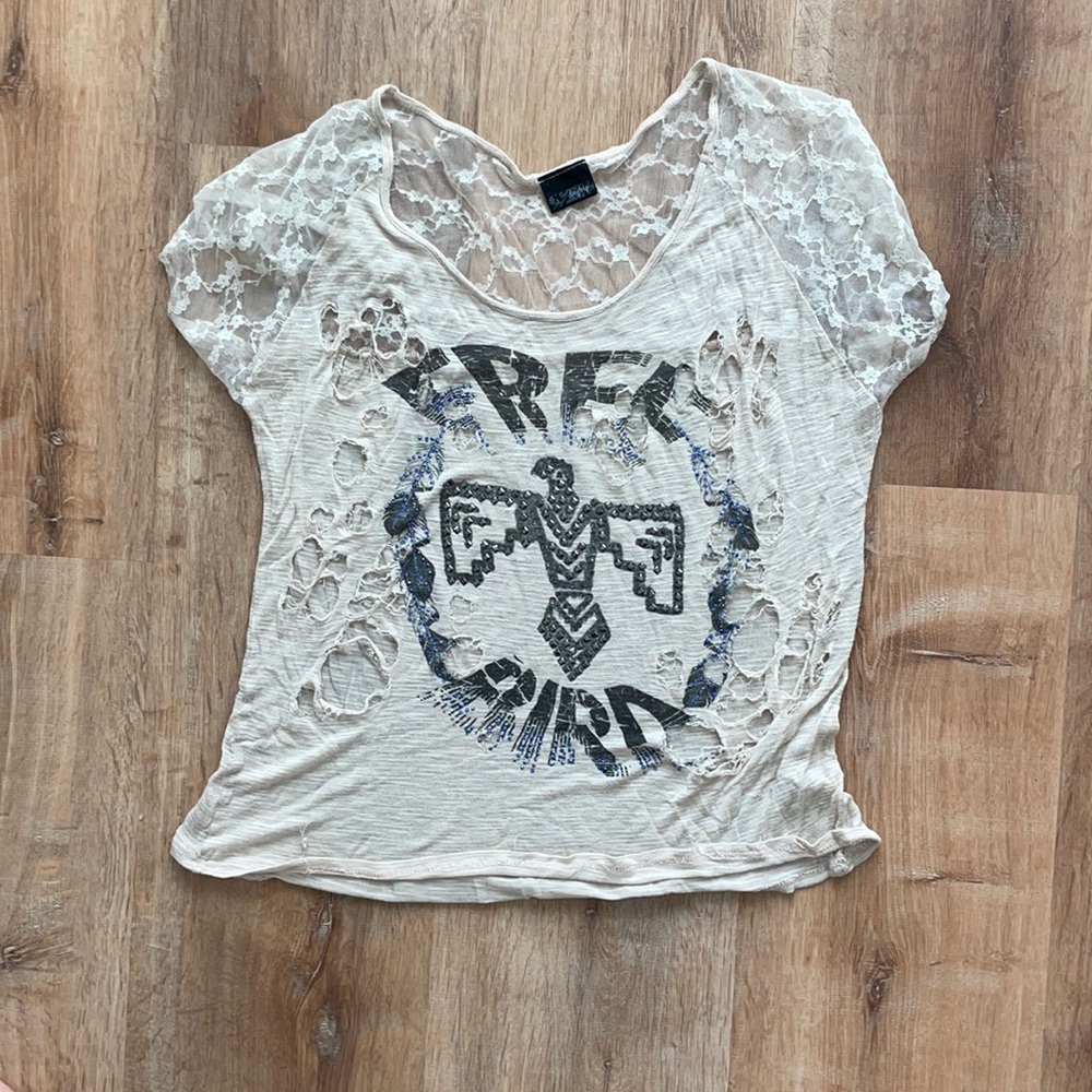 Vintage style torn and beaded Free Bird t-shirt